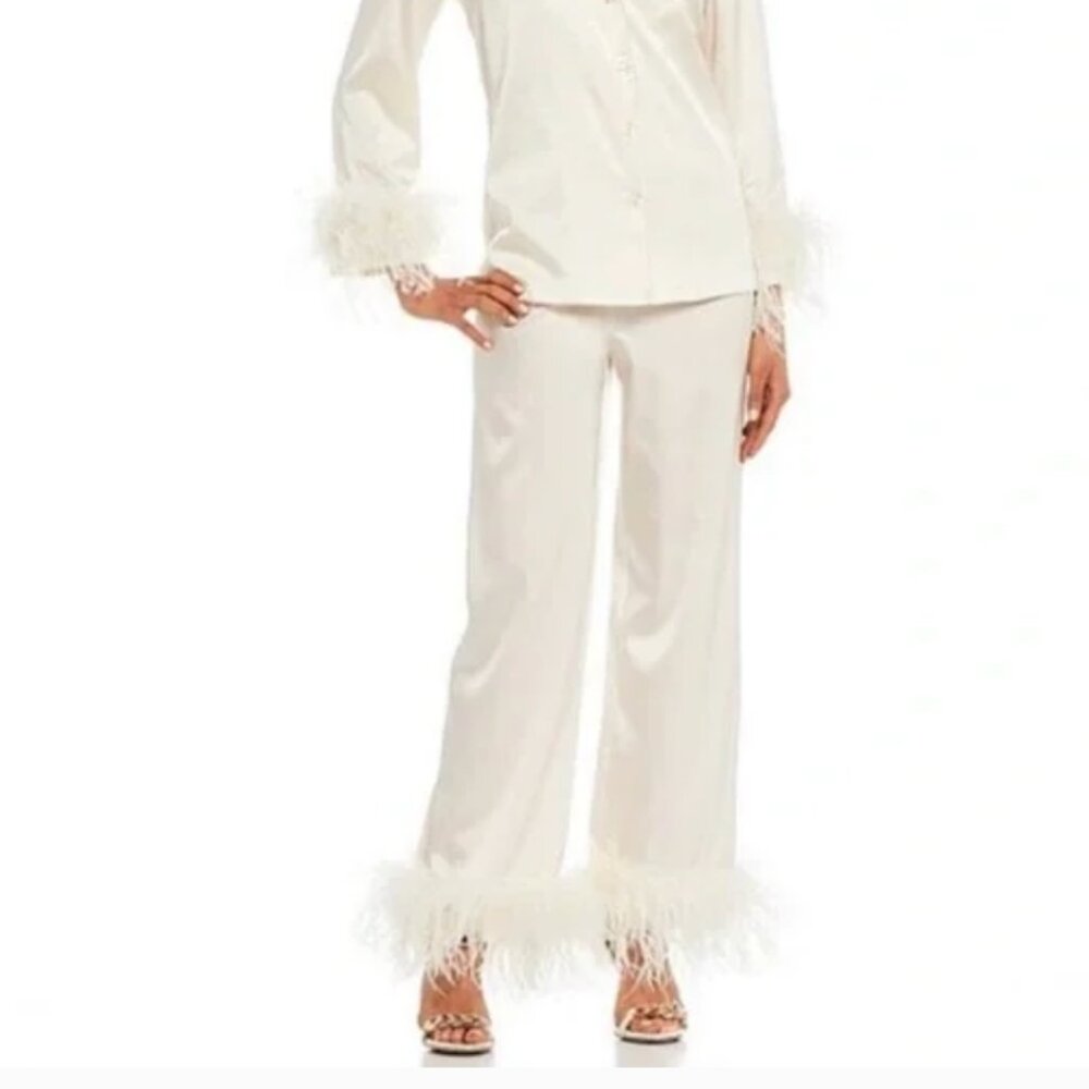 NWT Antonio Melani Silk Feather Trimmed Pajama Lounge Pants Sz L
